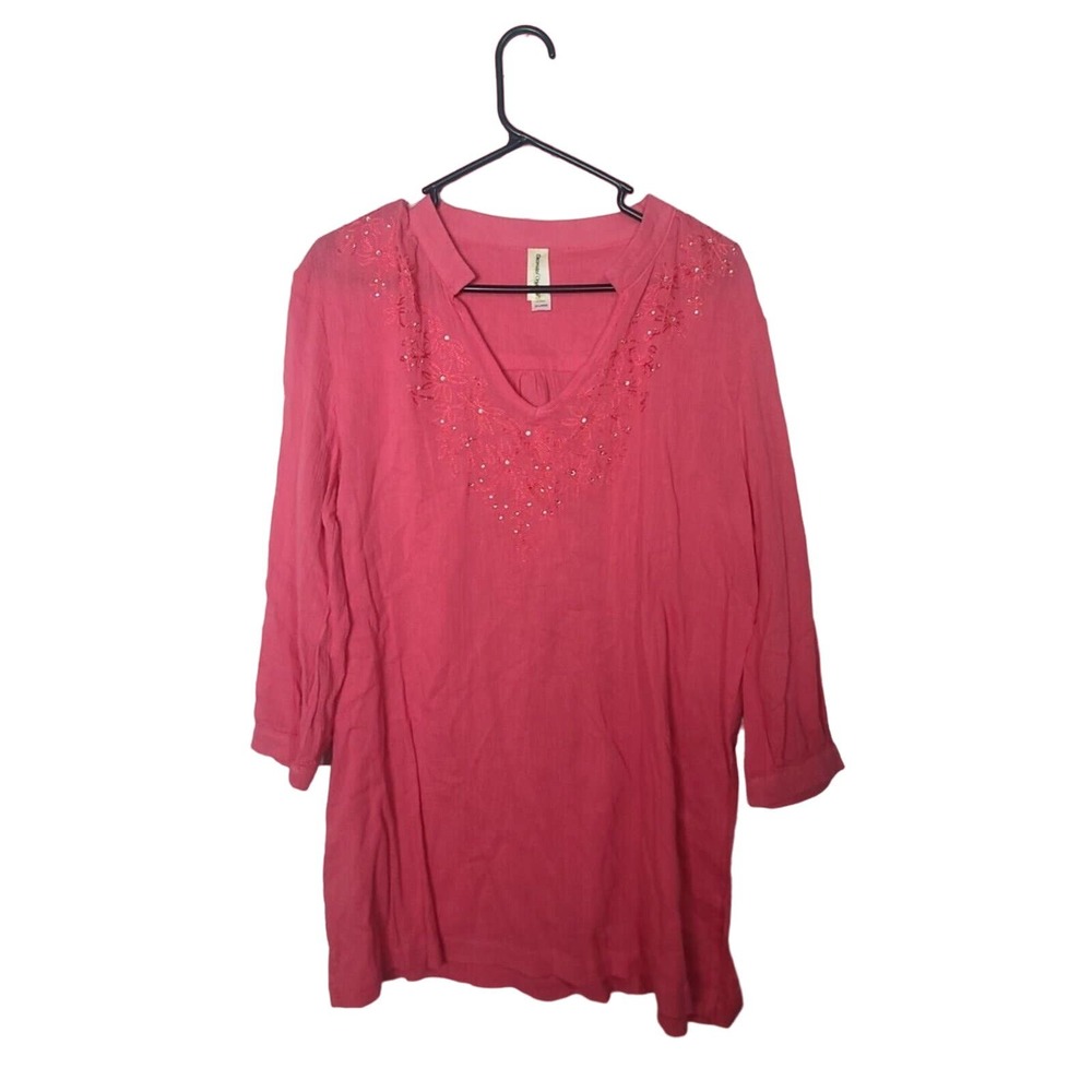 Decorated Originals Pink Gauze Rhinestone Long Sleeve Tunic Top Womans Size 2XL